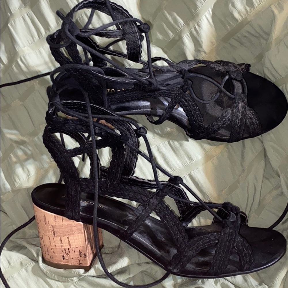 Black open toed low rise heels